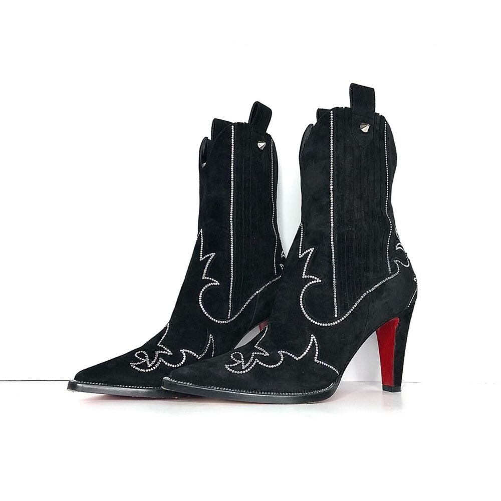 Christian Louboutin Santigag Strass 85 Black Suede Western Style Low Boots 38